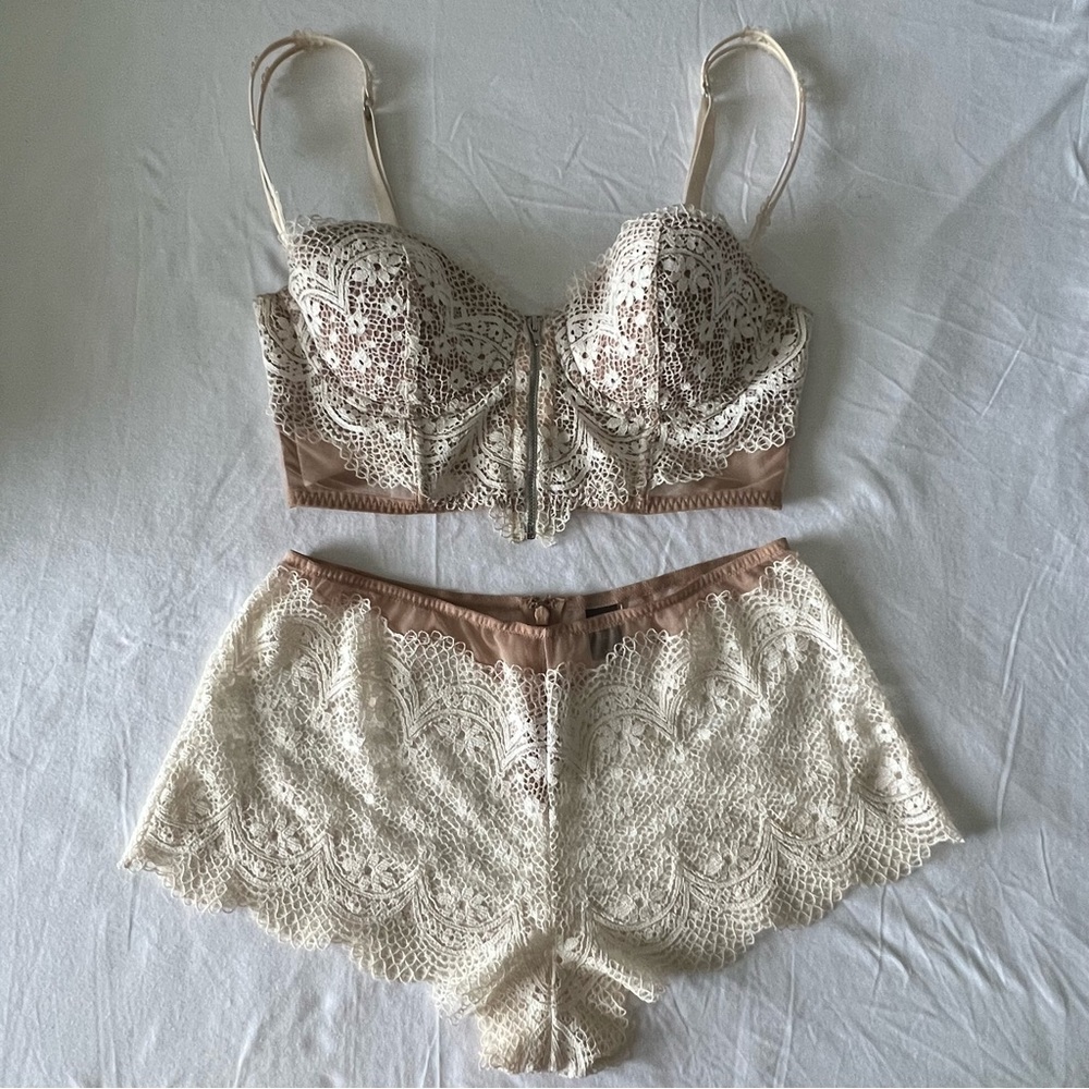 Sheer Nude White Lace Bustier Bra and Short Set